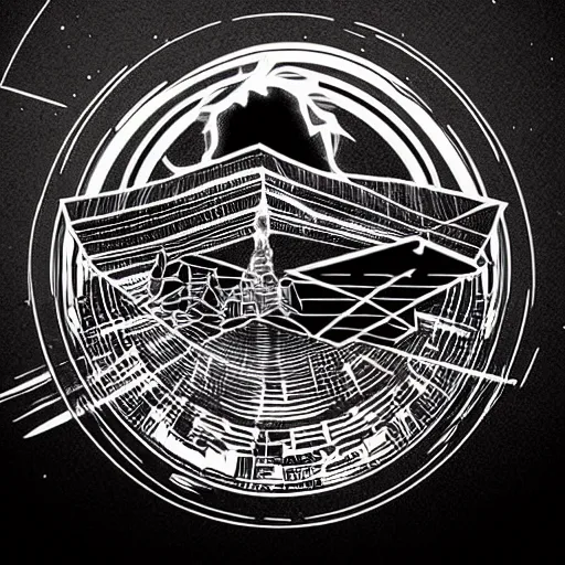 Prompt: tattoo png logo of black hole rising above city, city destroyed by shockwave, black hole with accretion disс, digital art, vector logo, sticker, black and white, art by brock hofer, marc simonetti