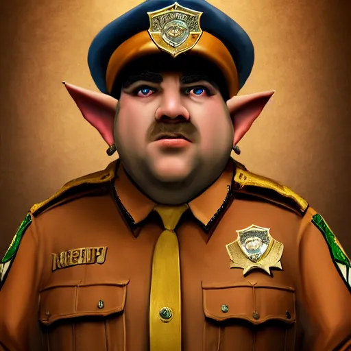 Image similar to a shifty fat high fantasy elf mall cop with a sheriff's badge, Oil Painting, hyperrealistic, Detailed Digital Art, RPG portrait, 3/4 bust, dynamic lighting, Highly Detailed, Cinematic Lighting, 8k, HD