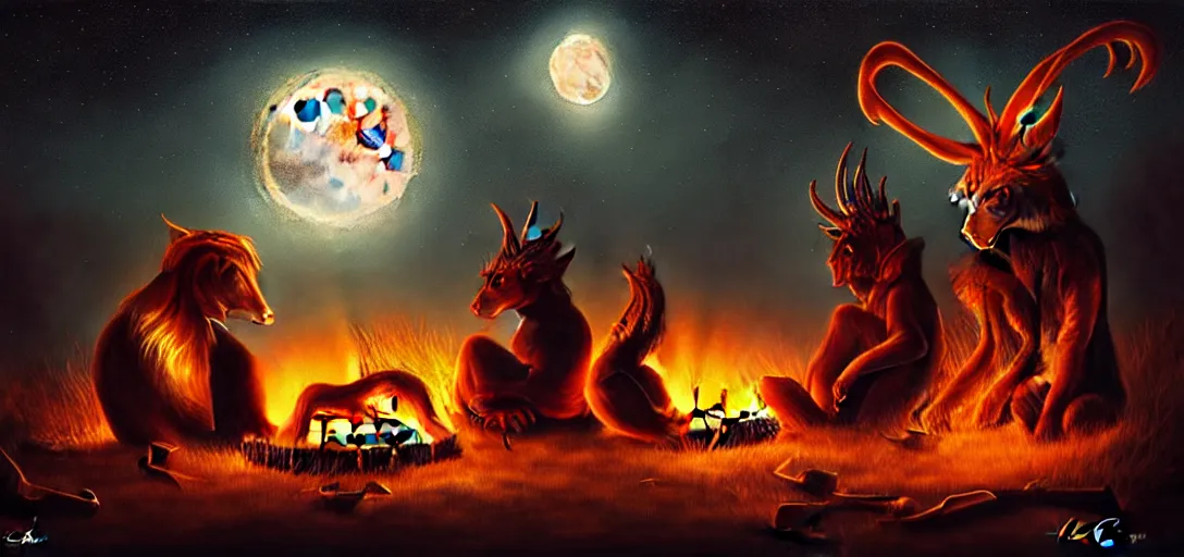 Image similar to strange mythical beasts of sitting around a fire under a full moon, surreal dark uncanny painting by ronny khalil