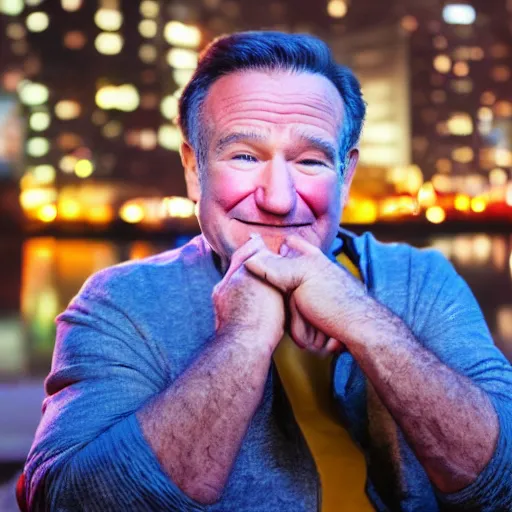 Image similar to a still of Robin Williams. Shallow depth of field. City at night in background, lights, colors ,studio lighting, mood, 4K. Profession photography