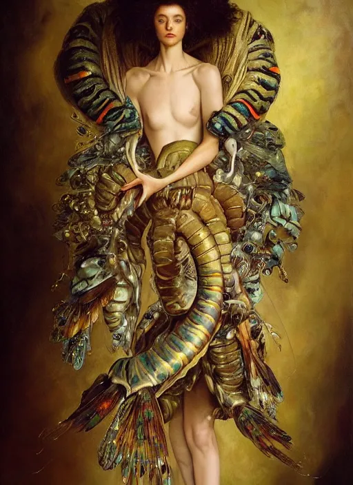 Image similar to highly detailed oil painting | very intricate | cinematic lighting | award - winning | mantis shrimp fashion by alexander mcqueen | by roberto ferri, by tom bagshaw, by j. c. leyendecker and klimt, american romanticism, by austin osman spare, artstation, cgsociety, official art, octane