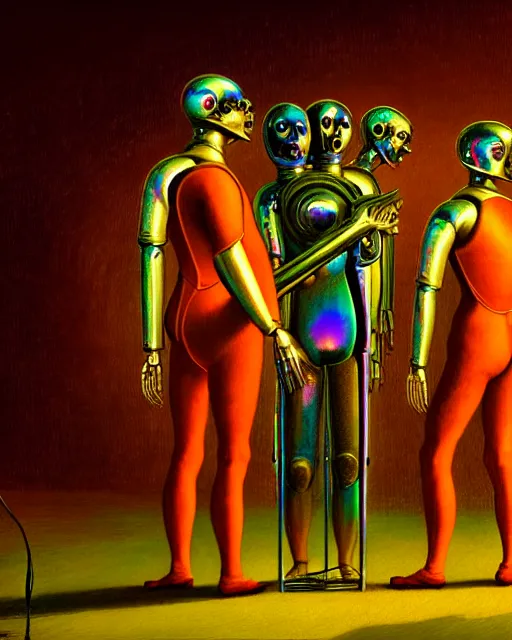 Prompt: hyperrealistic victorian mechanical iridescent humanoids singing on an art deco stage concept art santiago caruso de chirico sharp dramatic orange light 8k low angle shallow depth of field