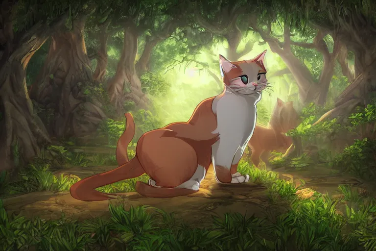 Image similar to a cat in a forest, highly detailed, digital art, trending on artstation, backlighting, by kawacy, by wayne mclouglin, by don bluth, fan art