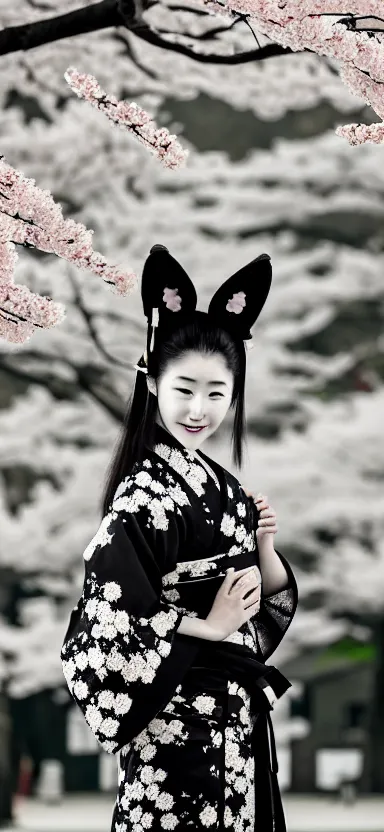 Image similar to “ a close - up shot of a young woman with fox ears wearing kimono at a sakura tree, by shunji dodo, 8 k resolution, black and white photo, high quality ”