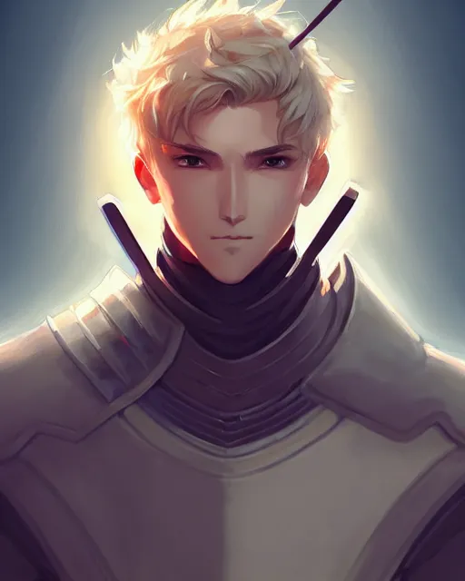 Image similar to portrait of a male knight, street clothes, fantasy, face like ester exposito, blonde shinkai makoto studio ghibli studio key hideaki anno sakimichan stanley artgerm lau rossdraws james jean marc simonetti elegant highly detailed digital painting artstation pixiv