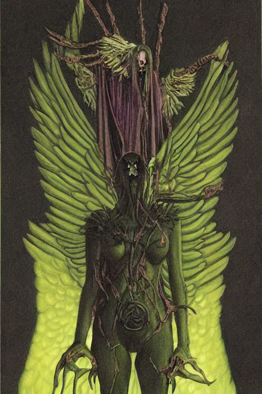 Prompt: creepy tarot card of a female green winged angel with talon feet by wayne barlowe