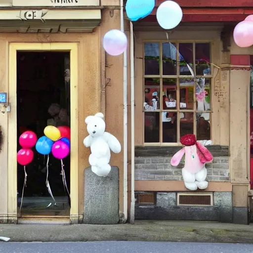 Image similar to A teddy bear doll with 8 balloons stands in the doorway of a ice-cream store,Beatrix potter