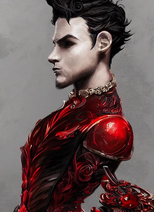 Image similar to a highly detailed illustration of short wavy haired man wearing masquerade and red and black suit, dramatic standing pose, intricate, elegant, highly detailed, centered, digital painting, artstation, concept art, smooth, sharp focus, league of legends concept art, wlop