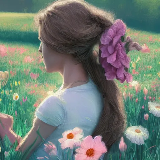 Prompt: A mother and child in a field of flowers, serene, pastoral, digital painting, artstation, close up, details, sharp focus, illustration, By Ross draws