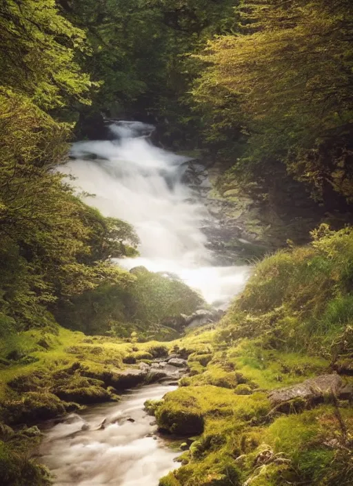 Prompt: there is a place in wales, tucked out of view magic happens, only seen by a few. for just one day, for only just one hour. the last summer's day break at gelli aur. there you must follow a winding trout stream. search all the oaks with a tiny light beam, inspired by jessica rossier and charlie bowater