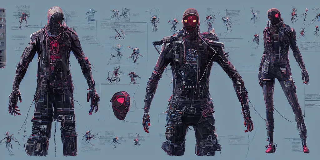 Image similar to cyberpunk spiderman, character sheet, concept design, contrast, kim jung gi, greg rutkowski, zabrocki, karlkka, jayison devadas, trending on artstation, 8 k, ultra wide angle, pincushion lens effect