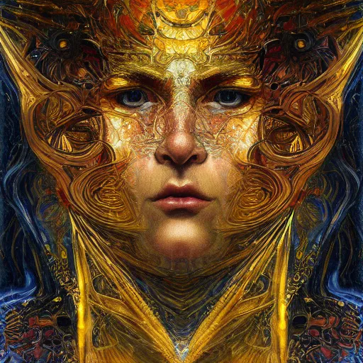 Image similar to Divine Chaos Engine portrait by Karol Bak, Jean Deville, Gustav Klimt, and Vincent Van Gogh, sacred geometry, visionary, mystic, fractal structures, ornate gilded medieval icon, spirals