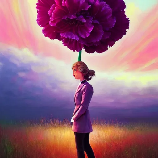 Image similar to giant carnation flower head, frontal, girl in a suit, surreal photography, sunrise, dramatic light, impressionist painting, digital painting, artstation, simon stalenhag