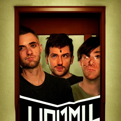 Image similar to poster for a short film called'liminal'about 4 male roommates that discover a hidden tiny door in their apartment, movie poster, advertisement, high detail, sharp, digital art, trending on artstation