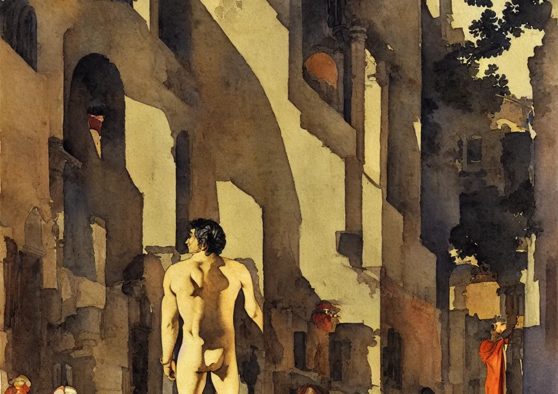 Prompt: watercolor of a latino greek god searching for a watchful light through the streets of a city, sparse detail, complementary color scheme, by george luks, caravaggio and moebius