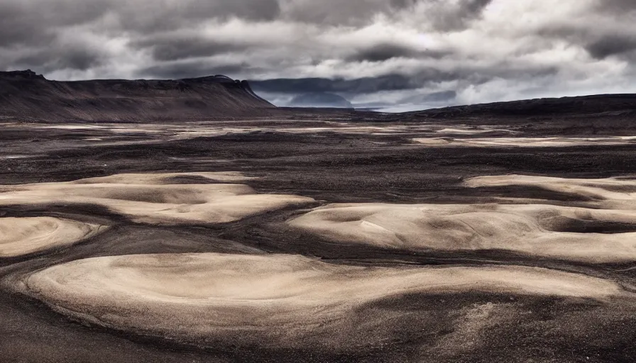 Image similar to a vast icelandic landscape, black sands and cream colored menhirs, cloudy sky, dust particles, cinematic lighting, behance hd, trending on artstation, national geographic photography, digital painting, matte painting