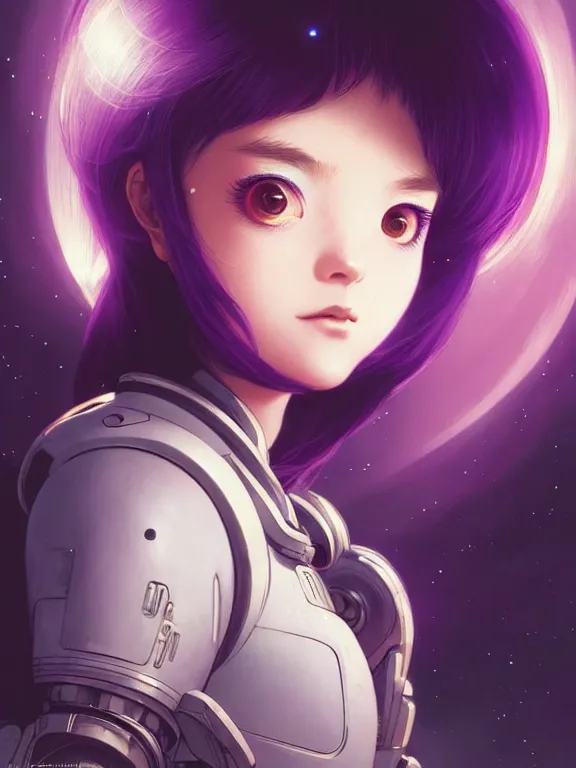 Image similar to close up picture of a space girl looking at the camera, bored, coveted, beautiful and aesthetic, intricate, unreal engine, messy hair, highly detailed, detailed face, smooth, sharp focus, chiaroscuro, manga illustration, artgerm, greg rutkowski, ilya kuvshinov, rossdraws, alphonse mucha, young adult light novel cover art