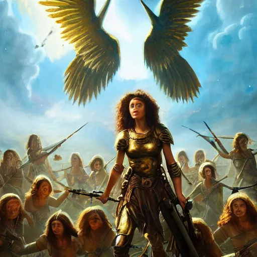 Prompt: the goddesses fraya going to war with her army of valkyries, golden hour, 8 k uhd, oil painting, high detail.