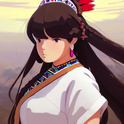 Image similar to a beautiful! plus sized native women instagram model, brown skin, wearing elegant catholic school girl designer fashion with mayan pattern and native style, aztec street fashion, gapmoe yandere grimdark, trending on pixiv fanbox, painted by greg rutkowski makoto shinkai takashi takeuchi studio ghibli, akihiko yoshida