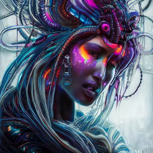Prompt: eldritch goddess close-up portrait tribal princess, high tech, cyberpunk, dystopian, jellyfish phoenix dragon, butterfly squid, burning halo, intricate artwork by Guy Denning, very coherent symmetrical artwork, cinematic, hyper realism, high detail, octane render, unreal engine, 8k, Vibrant colors, Smooth gradients, High contrast, depth of field,