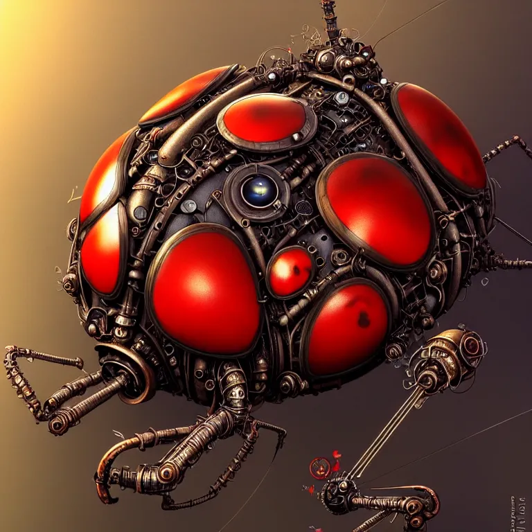 Prompt: steampunk ladybug, biomechanical, very coherent symmetrical artwork, cinematic, 3 d model, unreal engine realistic render, 8 k, micro detail, intricate, elegant, highly detailed, centered, digital painting, smooth, sharp focus, illustration, artgerm, tomasz alen kopera, by wlop