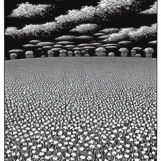 Image similar to A serene flower field at night by Kentaro Miura, highly detailed, black and white