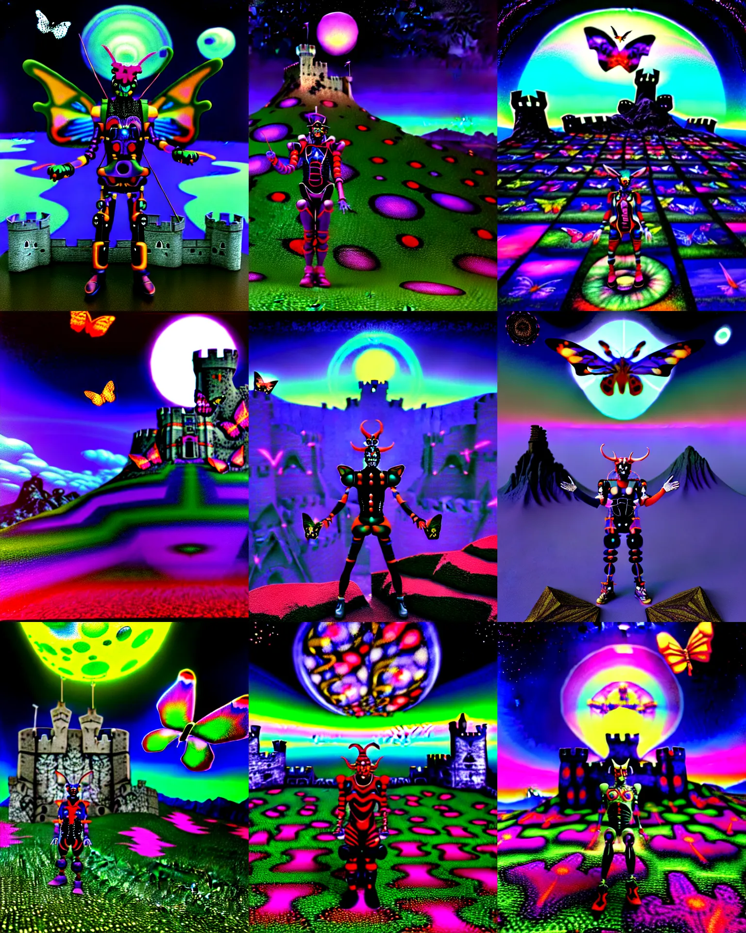 Prompt: 3 d render of cyborg demon jester standing in cybernetic mountain landscape with castle ruins against a psychedelic surreal background with 3 d butterflies and 3 d flowers n the style of 1 9 9 0's cg graphics against the cloudy night sky, lsd dream emulator psx, 3 d rendered y 2 k aesthetic by ichiro tanida, 3 do magazine, wide shot