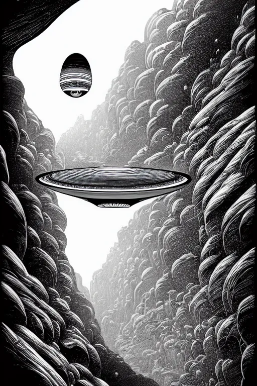 Prompt: a line drawing of a flying saucer over a canyon by joe fenton, trending on artstation, realistic rendering