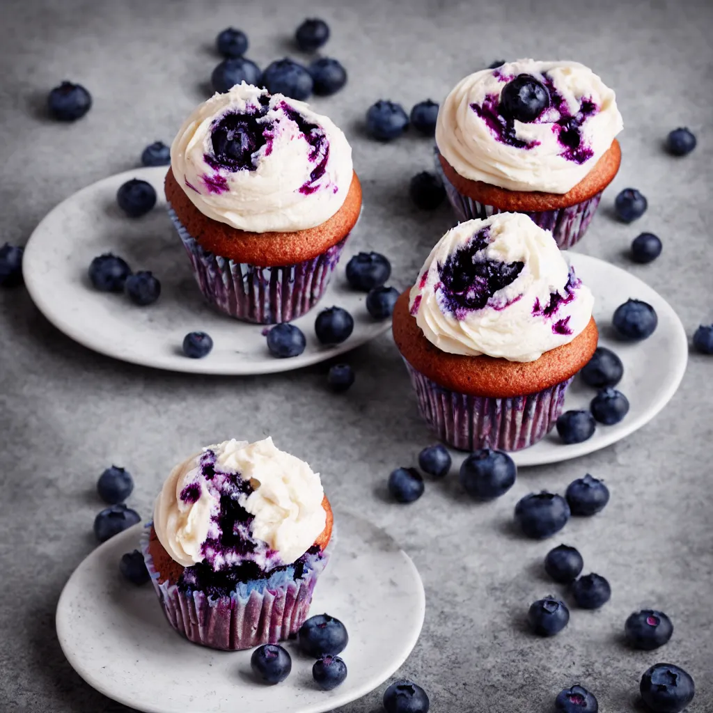 Image similar to blueberry cupcake, dynamic lighting, bokeh, carl zeiss 8 5 mm vintage lens, hyper realistic, award winning food photography