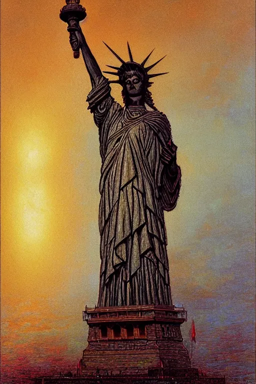 Image similar to psilocybin - hallucinations - statue - of - liberty, ( ( ( ( sharp focus, by gaston bussiere, bayard wu, giger, maxim verehin ) ) ) )