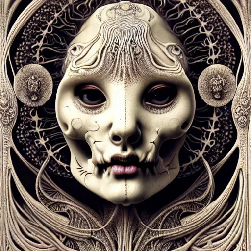 Image similar to detailed realistic beautiful porcelain calaveras goddess face portrait by jean delville, gustave dore, iris van herpen and marco mazzoni, art forms of nature by ernst haeckel, art nouveau, symbolist, visionary, gothic, neo - gothic, pre - raphaelite, fractal lace, intricate alien botanical biodiversity, surreality, hyperdetailed ultrasharp octane render