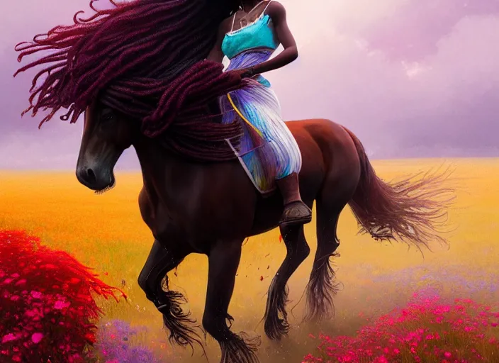 Prompt: full body portrait of young black woman riding a horse, flowing dreads, beautiful clydesdale, field of colorful flowers, highly detailed, digital painting, artstation, concept art, smooth, sharp focus, illustration, face by wlop, illustrated by mars ravelo and greg rutkowski