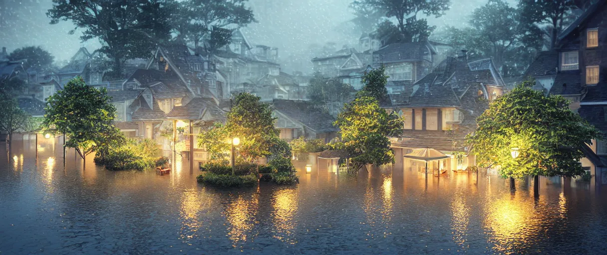 Image similar to carriership landing on raining night at flooded miniature city, emotion is on the rise on the town, cute style garden, octane render, trees, evergreen, patio, garden, wet atmosphere, tender, soft light misty yoshitaka amano, and artgerm, pixel art