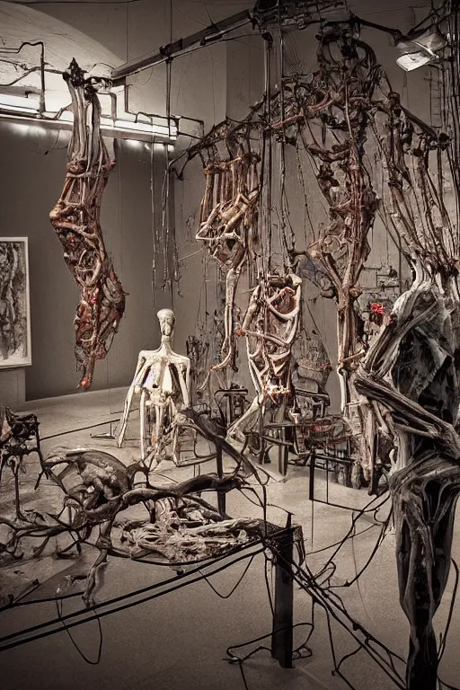 Image similar to inside a museum, a room where anatomical flesh body parts are piece of arts at night biomechanical, filth and grim, wires and strings, very detailed, ultra realistic photography, grainy image