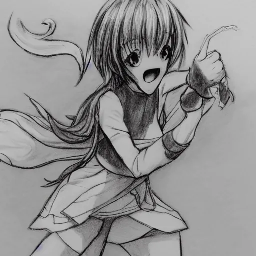 Prompt: anime girl fighting a monster pencil sketch,