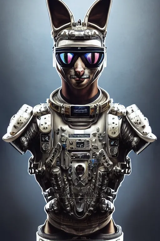 Image similar to a portrait of a muscular anthropomorphic cyberpunk serval in spacesuit armor with ensignia on chest plate by sandra chevrier, by jon foster, detailed render, post - processing, extremely hyperdetailed, intricate, epic composition, cybernetics, 4 k realistic, cryengine, realistic shaded lighting, sharp focus, masterpiece, by enki bilal