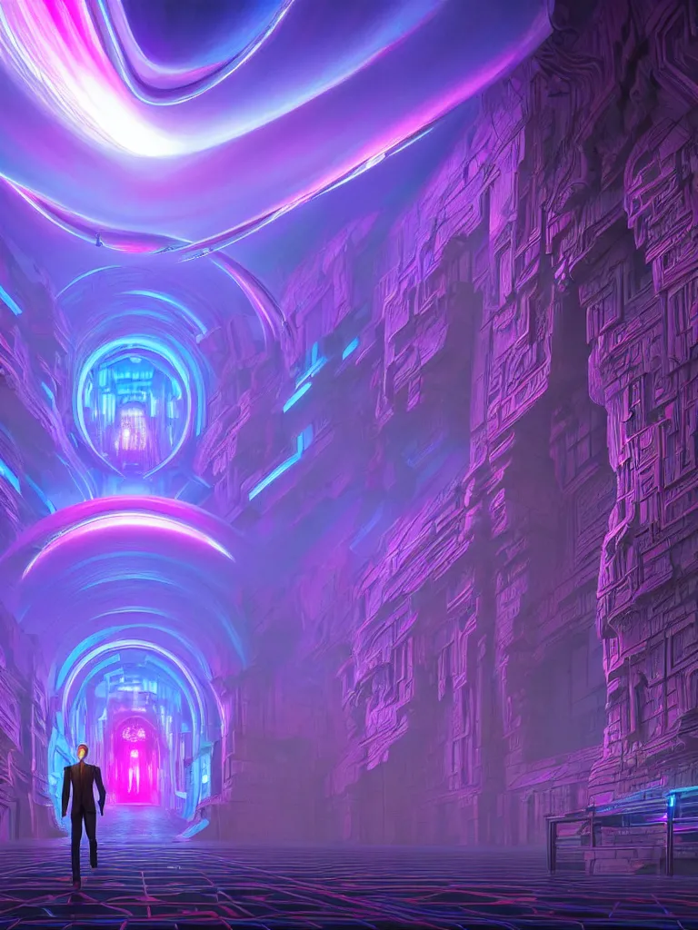 Image similar to entrance to matrix ethereal realm, ai sentient, rendered in unreal engine, central composition, symmetrical composition, dreamy colorful cyberpunk colors, 6 point perspective, fantasy landscape with anthropomorphic terrain in the styles of igor morski, jim warren and rob gonsalves, intricate, hyperrealistic, volumetric lighting, neon ambiance, distinct horizon