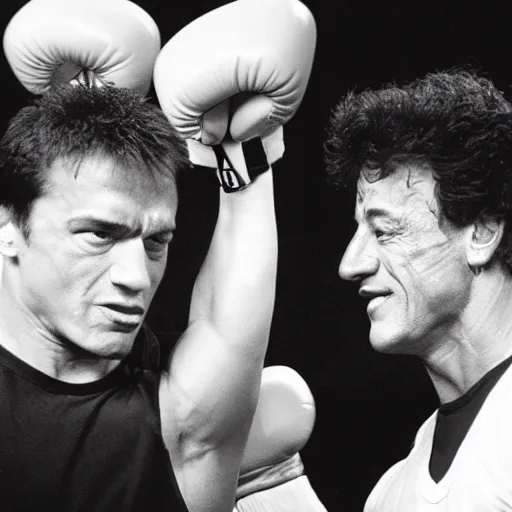 Image similar to 9 0 s tv footage of arnold schwarzenegger vs sylvester stallone charity boxing match