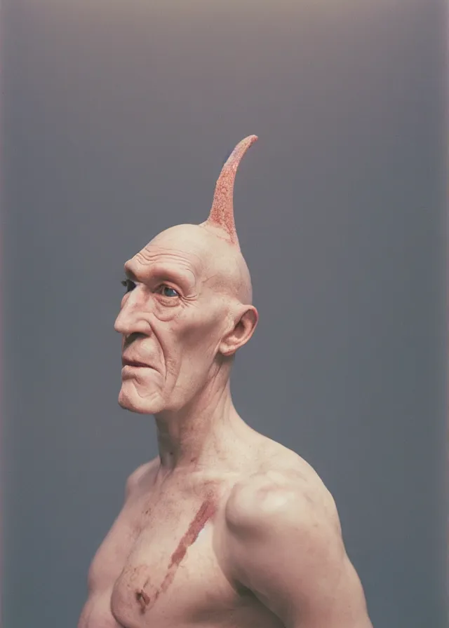 Image similar to live action squidward, portrait photo taken by annie leibovitz, dramatic lighting, 8 5 mm f / 2. 4, kodak portra, color film