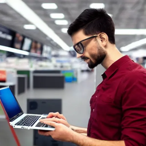 Image similar to hacker buying a laptop in electronics store