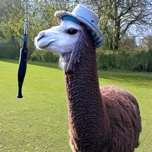 Image similar to llama wearing fishing hat, fishing up a fresh boris johnson on rod