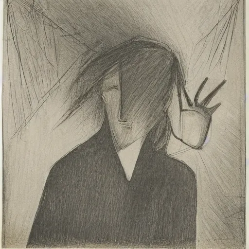 Prompt: A beautiful print of a self-portrait of the artist. He is shown with his head turned to the left, looking at the viewer. His hair is wild and his eyes are wide open. His right hand is raised, as if he is pointing at something. by Lyonel Feininger flowing