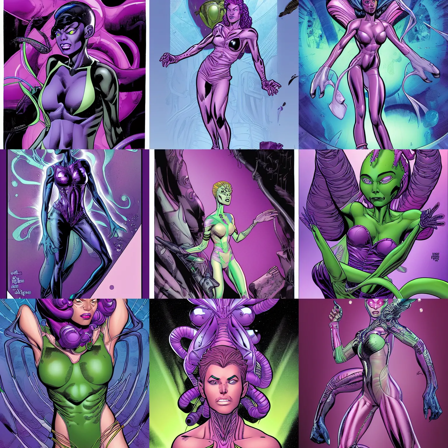 Prompt: alien princess with translucent purple skin, art by Patrick Gleason and Mobius , highly detailed, award winning, restoration,