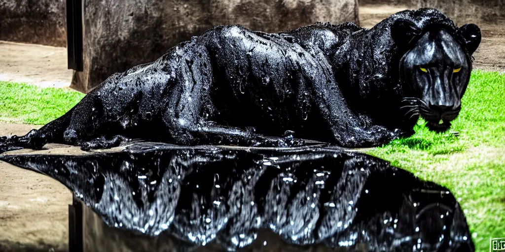 Prompt: the black lioness made of ferrofluid, bating in the drinking basin in the zoo exhibit, viscous, sticky, full of black goo, covered with black goo, splattered black goo, dripping black goo, dripping goo, splattered goo, sticky black goo. photography, dslr, reflections, black goo, zoo, exhibit