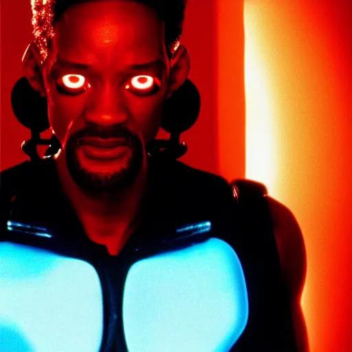 Image similar to film still of will smith as the terminator (1984 film),glowing red eyes, half exposed exoskeleton face, half cyborg, film grain, insanely detailed, 4k, photorealistic, hd