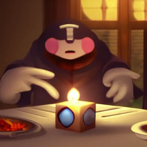 Prompt: kirby at dinner table with companion cube from portal, romantic, candlelight, realistic, source engine