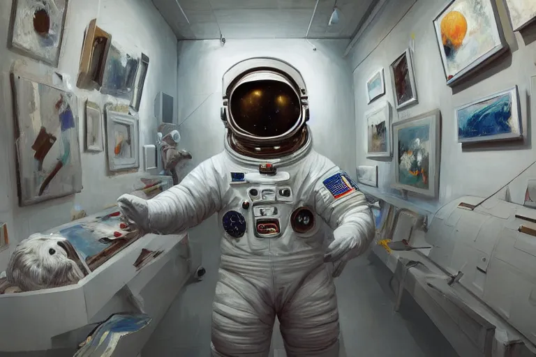 Image similar to an astronaut in an art museum gallery, detailed art museum full of paintings, expressive oil painting, by wlop, by james gilleard, digital, trending on artstation, octane render, highly detailed, detailed astronaut, surrealism