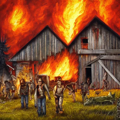 Image similar to burning barn with zombies 4k oil painting