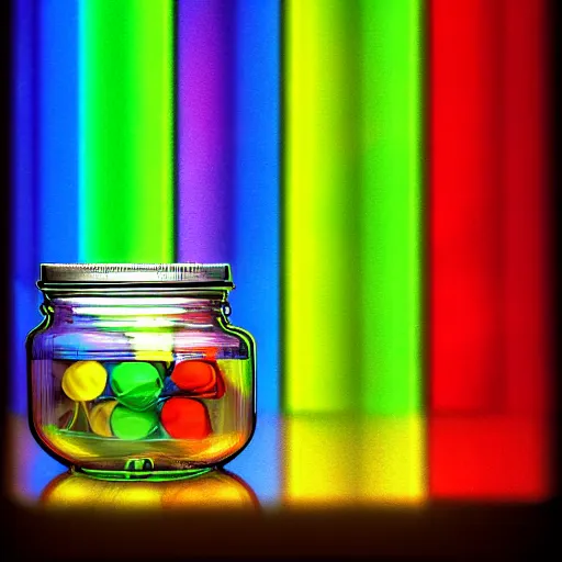 Prompt: rainbow captured and put in a glass jar of water. the jar sits on a laboratory shelf. next to the jar are a few yummy skittles. oak ridge national laboratory. 7 0 mm. digital art. photorealistic. hyper detailed. dramatic lighting.