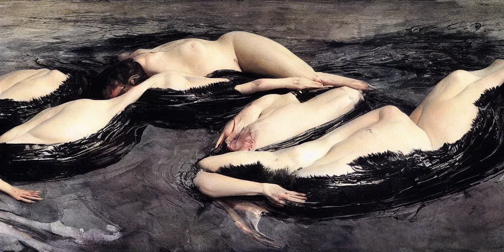 Image similar to black swans melting together in the dark waters. by andrew wyeth, jenny saville and john dollman